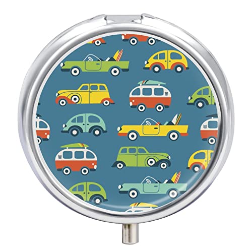 Vintage Seamless Surf Buses with Surfboards Retro Cars on Blue Iron Pill Box Case Organizer with Internal Separate Plastic Dividers, Travel Small Medicine Bag Holder Carrier Round Container