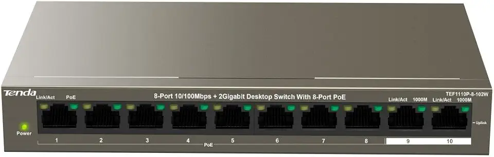 Tenda 10 Ports PoE Switch with 8 PoE Ports & 2 Uplink Ports, 10/100 Mbit/s Fast Ethernet Network Switch LAN Switch (99W, VLAN, IEEE 802.3af/at, 250m Transmission Range) (TEF1110P-8-102W)
