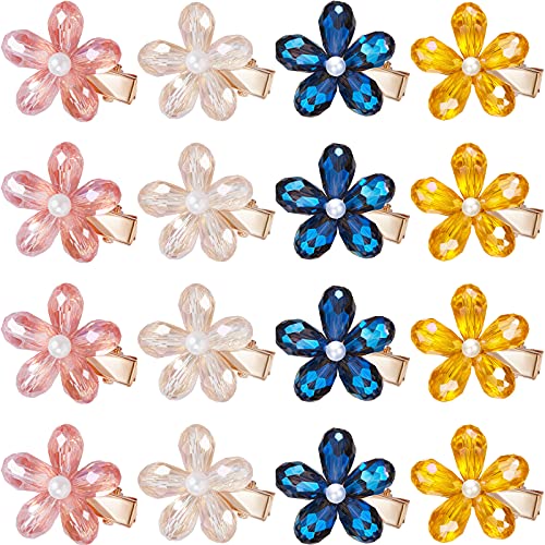 24 Pieces Spring Flora Crystal Hair Clip Flower Hair Clip Pearl Hair Clip Mini Flower Hair Barrettes for Women Alligator Clips Cute Hair Clips for Women Hair Accessories (Pink, Yellow, White, Blue)