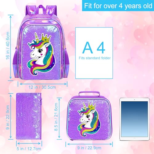 Image of CCJPX 16 inch Unicorn Backpack for Girls, 3Pcs Kids Sequin Bookbag with Lunch Box, Water Resistant Elementary School Bag for Kindergarten Preschool Toddler (Purple)