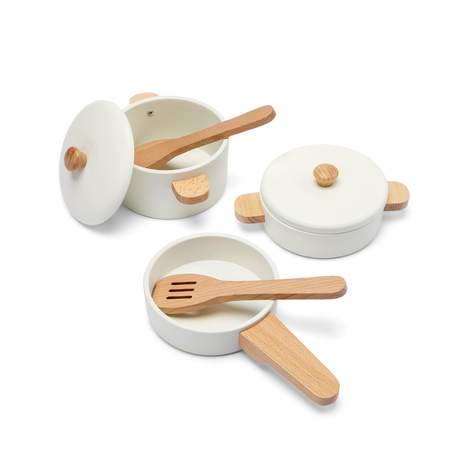 Woet® Set de Casseroles et Poêles en Bois pour Tout-Petits – Jouet de Cuisine Blanc 7 Pièces FSC – Accessoires de Cuisine d’Imitation – À Partir de 2 Ans – Cadeau pour Enfants