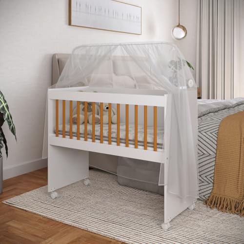 Mini Berço Com Colchão E Suporte Para Mosquiteiro Multifuncional 5x1 Rodízios Chiqueirinho (Branco E Marrom)