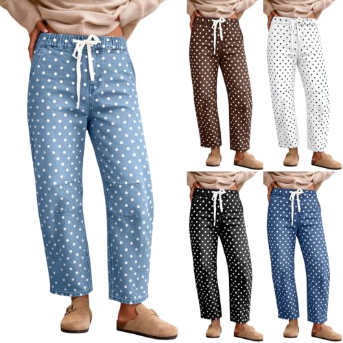 Pull On Sweatpant Jeans Women Polka Dot Barrel Pants Drawstring Denim Pants - image 1