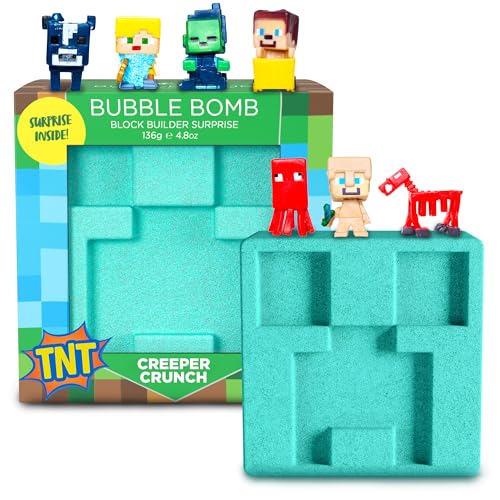 TNT Creeper Bath Bomb for Kids with Block Builder Surprise Toys Inside (1 Pack) – Large Fizzy Bubble Mine Bomb - Easter Basket Stuffers for Boys, Fruity Scent, Skin-Safe, Made in USA by Two Sisters