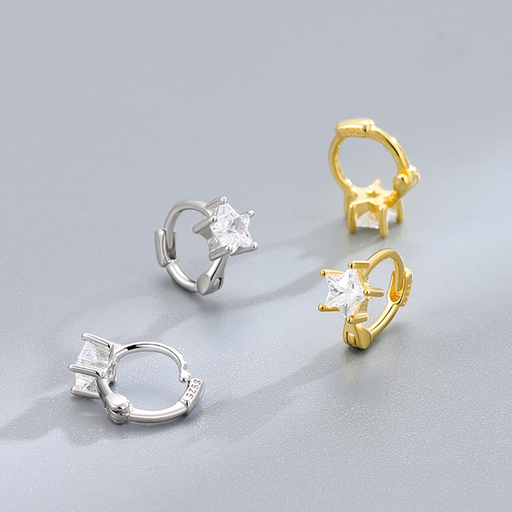 Bonitos aretes de aro de estrella de cristal para mujeres, adolescentes y niñas, plata de ley 925, cartílago, circonita cúbica, pequeños aros, puños, delicados para dormir, hipoalergénicos, regalos de