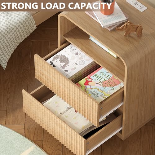 Image of BORNOON Dresser with 2 Drawers and Charging Station, Fluted Bedside Table with Round Curved Corner, Hidden Handles, 2 AC Outlets and 2 USB Ports, Modern Wood End Table with Open Shelf for Bedroom
