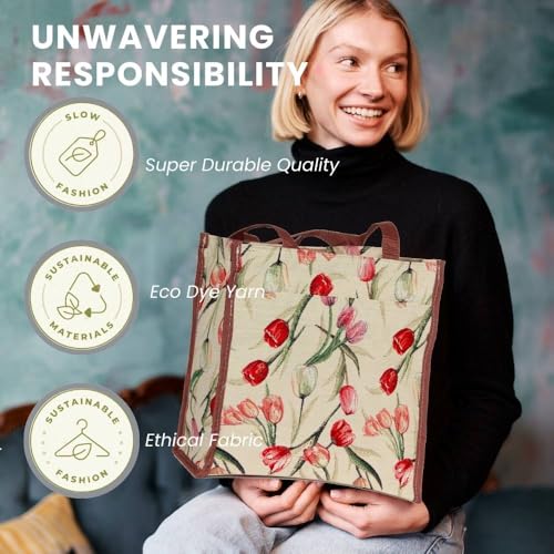 Signare Tapestry Shoulder Bag Shopping Bag for Women with Floral Tulip White Design4