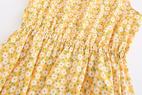 HILEELANG Little Girls Summer Hawaiian Dress Slip Spaghetti Strap Cold Shoulder Sleeveless Yellow Daisy Floral A-line Beach Sundress 5T3