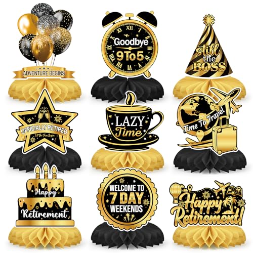 9 Pcs Retirement Party Decorations Honeycomb Centerpieces Black Gold Happy Retirement Table Decorations Funny Officially Retired Table Toppers for Men Women Party Supplies