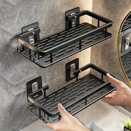 Image of KINCMAX 2Pcs Aluminium Self Adhesive Wall Mounted Shelf for Bathroom Multipurpose Organizer Wall Mounted Bathroom Rack Space Saving Without Drill Wall Shelf Easy To Instal Wall Stand (Black)
