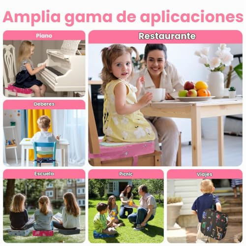 Miniatura 6 de Wooshwa Trona De Viaje, Alzador Elevador Silla Para Niños Comer Para Bebé Lavable Con 2 Correas Ajustables Y Base Antideslizante Asiento Elevador Unicornio