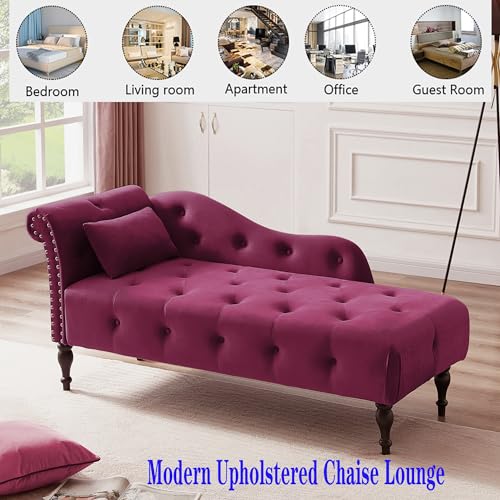 Gustonhon 60.6" Modern Velvet Chaise Lounge Indoor,Upholstered Lounge Chair with Nailhead Trimmed and Solid Wood Legs,Sleeper Lounge Sofa for Living Room,Bedroom,Apartment,Office(Burgundy)
