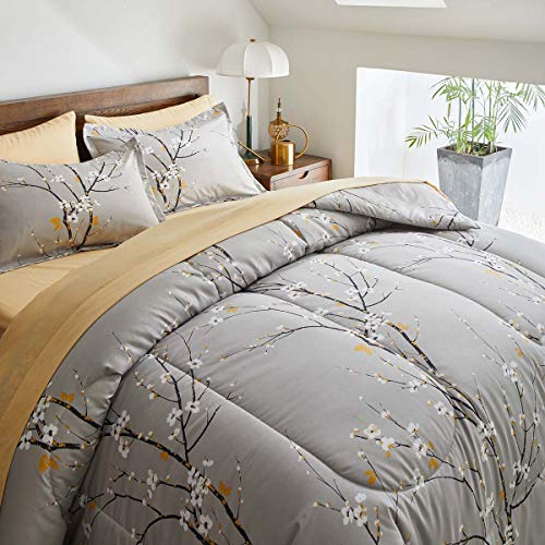 Gray Comforter Sheet Set Bed In A Bag 7 Pieces Queen Size Tree Branch Bloom Flower Microfiber Winter Bedding Set (1 Comforter 2 Pillow Shams 1 Tan Flat Sheet 1 Fitted Sheet 2 Pillowcases) #TOP4