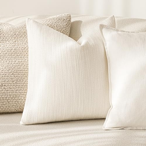 Image of Foindtower Set of 2 Decorative Textured Burlap Linen Throw Pillow Covers Farmhouse Boho Cushion Cover Solid Accent Pillowcase for Couch Sofa Bed Living Room Home Decor,20x20 Inch,Cream White