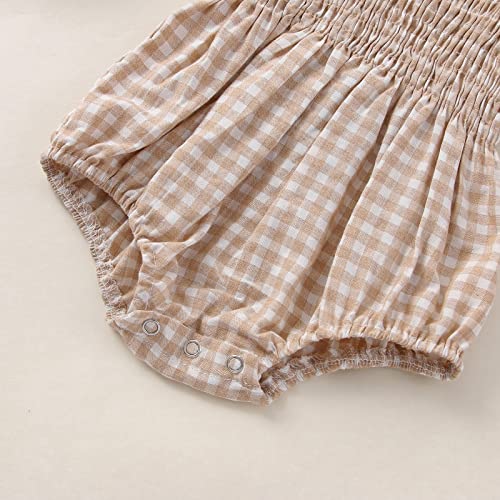 Mersariphy Newborn Baby Girl Summer Clothes Cotton Linen Bodysuit Romper Floral Pleated Tops With Headband (12-18 Months, Plaid) #TOP4