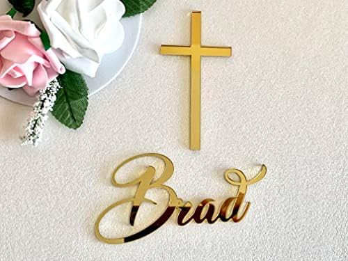 Personalized Name Cake Charm & Cross, Custom Christening Cake Topper, Baptism Cake Decor, Laser Cut Name, Cake Plaques, Mirror Acrylic Cake Decorations, 1st Holy Communion, God Bless, Available Sizes