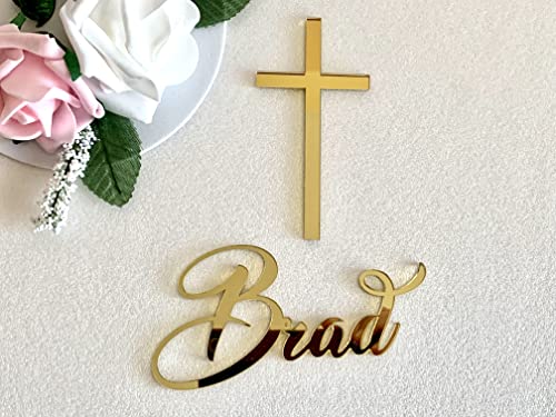 Personalized Name Cake Charm & Cross, Custom Christening Cake Topper, Baptism Cake Decor, Laser Cut Name, Cake Plaques, Mirror Acrylic Cake Decorations, 1St Holy Communion, God Bless, Available Sizes #TOP4