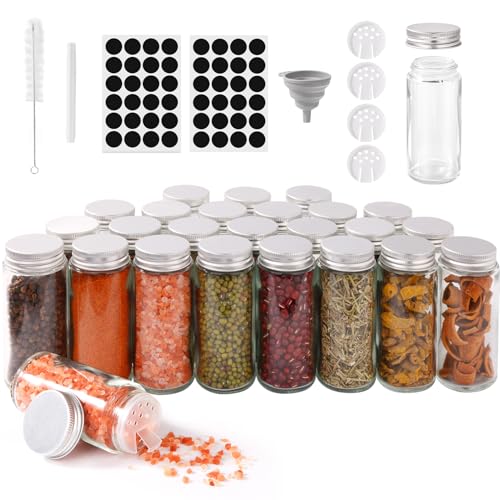 FoiiLiio Botes Especias Cristal, 24 x 120ml Redondos Tarros Especias con Tapa de Rosca, Frascos Especiarias Spice Jars, Botes para Especias con Etiquetas, Cepillo, Embudo