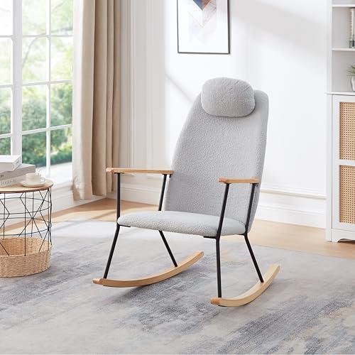 hausway Rocking Chair Nursery, Upholstered Glider Rocker High Backrest, Modern Glider Recliner with Adjustable Headrest for Living Room, Nursery, Bedroom (Teddy, Pink)
