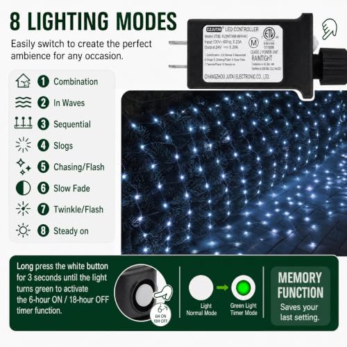 Image of Dazzle Bright Christmas 360 LED Net Lights, 12FT x 5 FT Connectable Waterproof String Lights Clear Wire with 8 Modes, Christmas Decorations for Indoor Outdoor Xmas Party Yard Garden Decor (White)