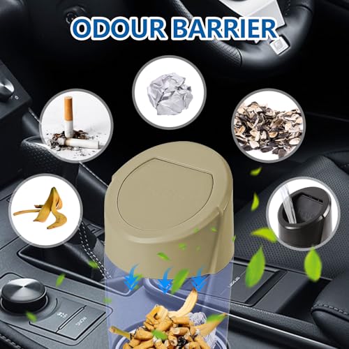 Image of Hovom Mini Car Trash Can with Lid, Portable Garbage Can for Car, Leakproof Cup Holder Automotive Garbage Bin with 2 Rolls of Trash Bags, Small Trash Storage Can for Car Home Office(Beige)