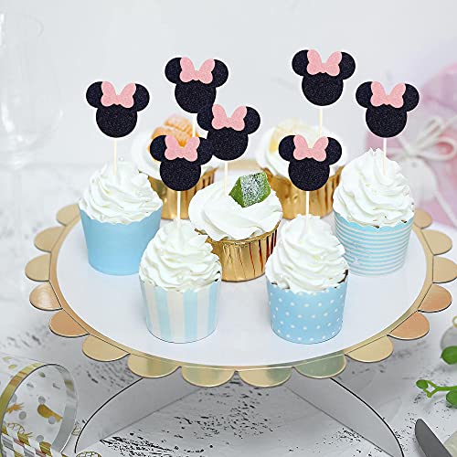 24 Pcs Black And Pink Mouse Inspired Cupcake Toppers With Bow Glitter Mini Cupcake Picks Baby Shower Wedding Kids Birthday Party Cake Decorations Supplies #TOP4