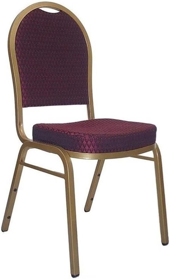 BOWERY HILL Dome Back Banquet Stacking Chair, Burgundy Diamond Patterned Fabric Upholstery, 16 Gauge Steel Frame, Gold Powder Coated Finish, 37.5 in H, Commercial or Home Use, Stackable Design