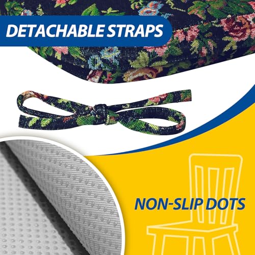 Image of AAAAAcessories D-Shaped Chair Cushions, 2 inch Thick Dining Chair Pads with Ties and Removable, Machine-Washable Cover, 17 inch x 16 inch, Set of 2, Night-Blooming Blossoms