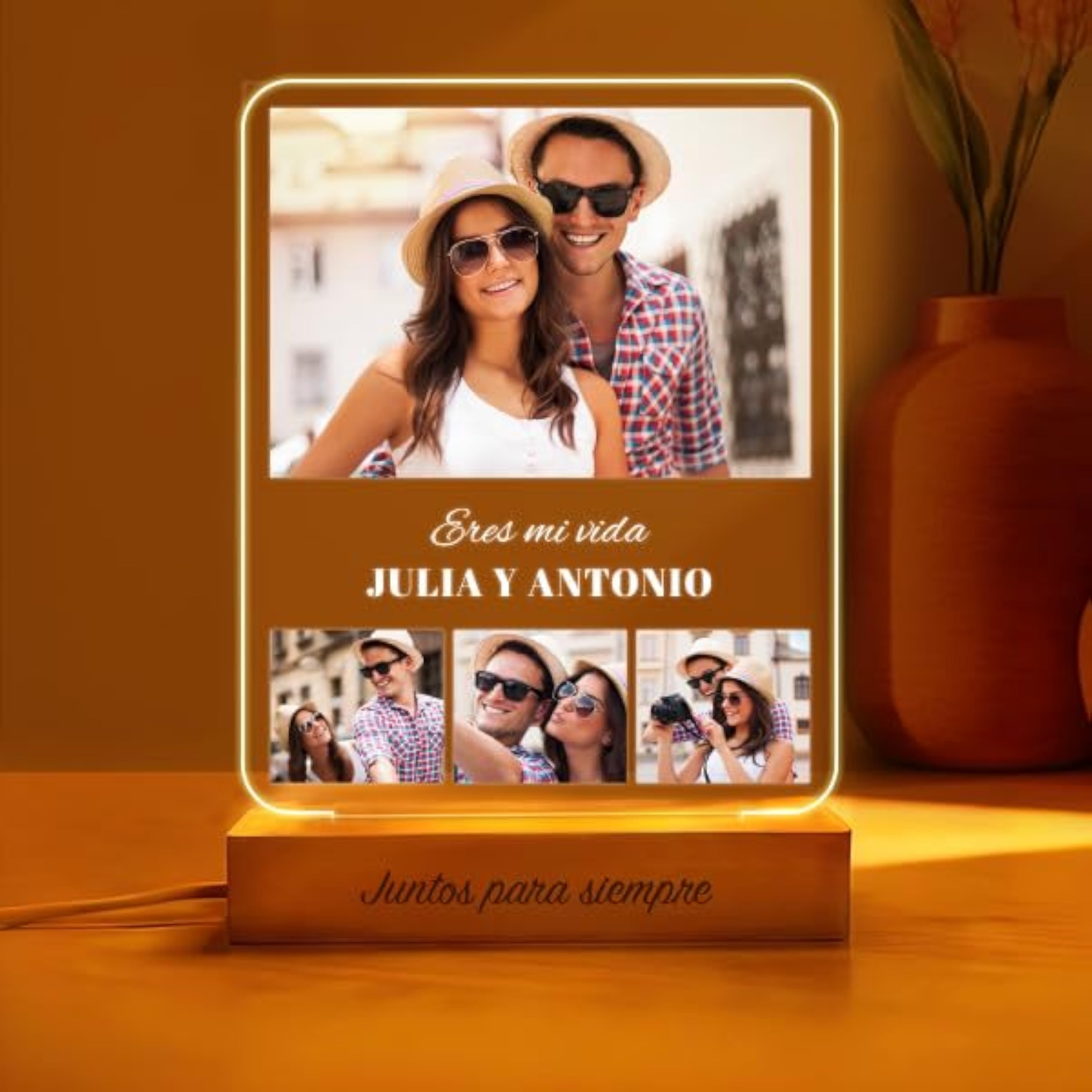 Transparent Gift Lámpara Personalizada con Fotos Collage y Textos. Lámparas Personalizadas Luz LED. Regalos Originales para Parejas, Amigos y Familia. Regalos Personalizados Cumpleaños, San Valentín