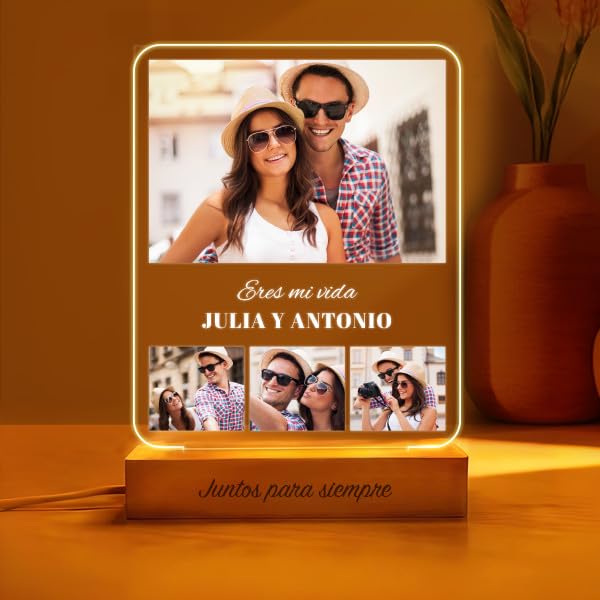 Transparent Gift Lámpara Personalizada con Fotos Collage y Textos. Lámparas Personalizadas Luz LED. Regalos Originales para Parejas, Amigos y Familia. Regalos Personalizados Cumpleaños, San Valentín