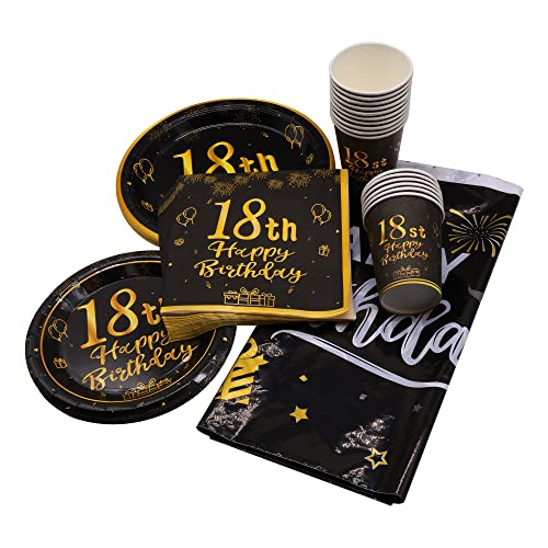 Miniatura 4 de Topways 18 Años Vajilla Desechable Set, Oro Negro Papel Elegante Platos Tazas Mantel Para Fiesta Decoración Cumpleaños Niño Chico Niña, 16 Invitados