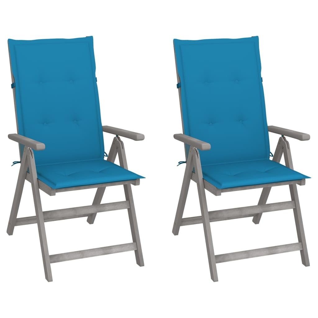 Chaises inclinables de jardin en acacia massif gris délavé avec coussins bleus x2