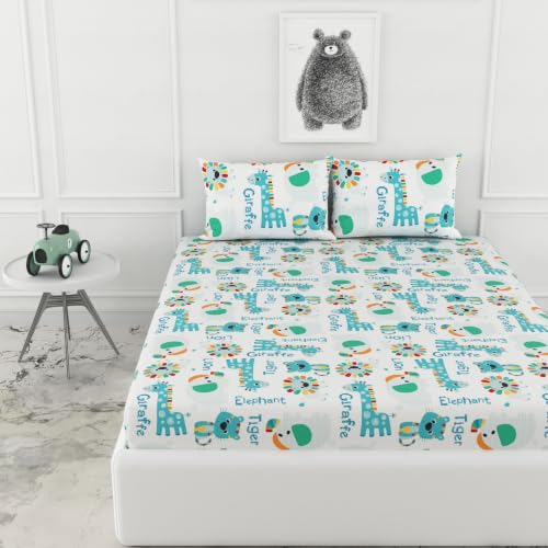 Image of LORETO - A QUALITY LINEN BRAND 144 TC 100% Pure Cotton King Size Fitted Bedsheet with 2 Pillow Covers for 72 x 72 Inch Mattress, All-Around Elastic, 8 Inch Deep Pocket, Aqua & Rainbow Animal Parade