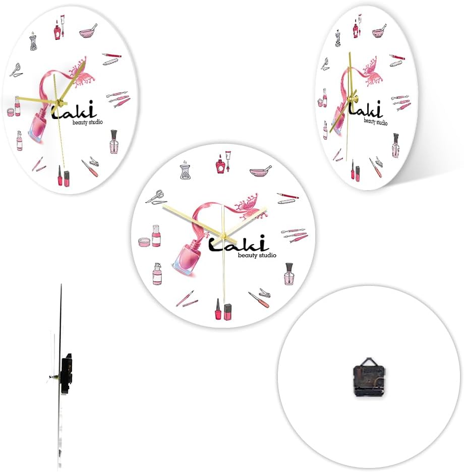 12'' Pink Nail Art Nail Salon Wall Clock, Silent Non Ticking Battery Operated Nail Studio Wall Clock Nail Technician Gift Clock Wall Watch for Nail Salon Beauty Shop Beauty Studio Manicurist