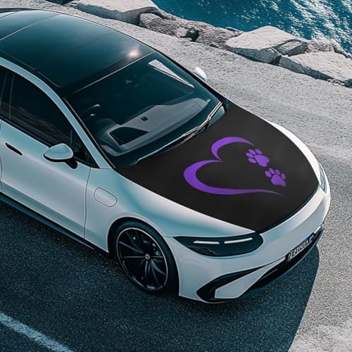 Image of Purple Heart Paw Print Car Hood Cover Stretch Fabric Covers for Car Hood Waterproof Universal Auto Accessories Easy Installation for Car Hood Decor and Protection