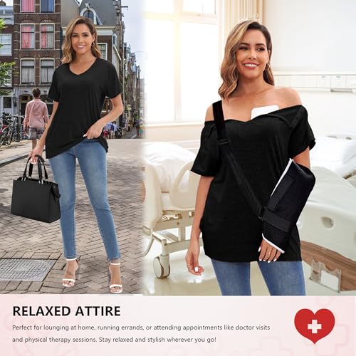 Post Shoulder Surgery Shirts for Women Tear Away V Neck Dual Access Snap Chemo Port Shirts Short Sleeve Adaptive Clothing3
