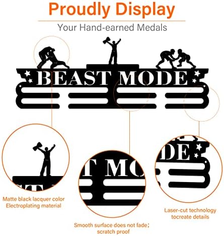 SUPERDANT Wrestling Medal Holder 60+ Medals Display Motivating Word BEAST MODE Black Iron Wall Mounted Hooks for Competition Medal Holder Display Wall Hanging 40x15cm