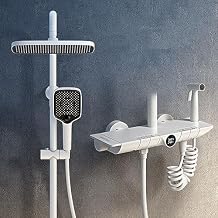 Thermostatic Shower System, Shower Faucet Set, Square Shower Set with Waterfall Bath Tap, Digital Display, Hydroelectric Power, Booster Spray Gun, Height Adjustable-White White