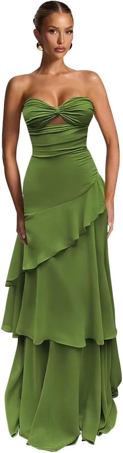 RunaCelle Tiered Chiffon Prom Dresses for Women Long Strapless Formal Dress Sweetheart Cutout Bodycon Evening Gown