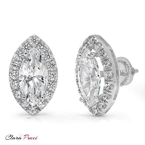 3.58Cttw Brilliant Marquise Round Cut Halo Solitaire Genuine Moissanite Unisex Designer Solitaire Stud Screw Back Earrings Solid14K White Gold #TOP1
