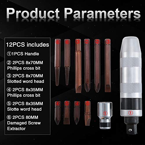 KATUR 12 stuks Impact Driver Kit, 163mm Drive Handleiding Omkeerbare Impact Driver, Flathead 35mm, 70mm en Phillips 35mm, 70mm Bits, Beschadigde Schroeftrekker 80mm - Afbeelding 4