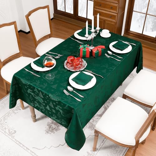 Romanstile Green Christmas Tablecloth Rectangle - Jacquard Winter Deer Xmas Tree Decorative Table Cloth Waterproof Resistant Washable Table Cover for Holiday Dinner Party (60 x 144 inch) by Romanstile - Image 6