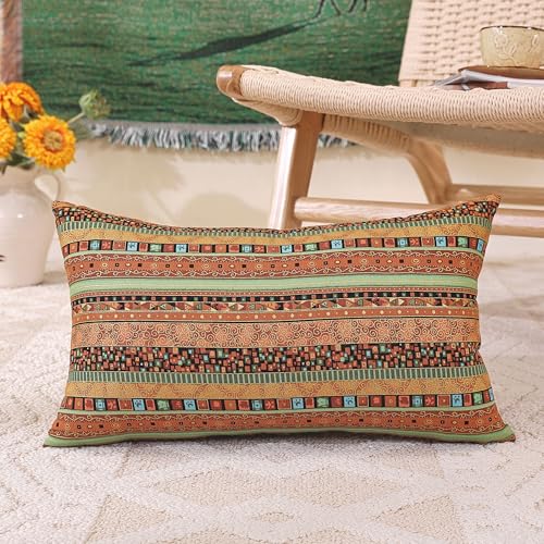 TAOSON Gold Stripe Bohemian Style Antique Cotton Blend Linen Sofa Throw Pillowcase Cushion Cover Pillow Cover with Hidden Zipper Closure Only Cover No Insert 12x20 Inch 30x50cm