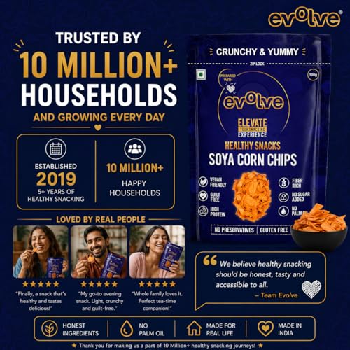 Image of Evolve Soya Corn Chips Healthy Snacks for Kids, Adults | Gluten Free, High Protein, Vacuum Cooked, No Preservatives, Delicious Crunchy Snack - 100g Pack of 10
