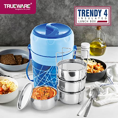 Image of Trueware Trendy 4 Inner Steel Outer Plastic thermoware Lunch Box | 4 Container 300 ML Each-Blue | PU Insulated | Lunch Box | Tiffin | Hot lunch box | Leak Proof | Easy to Carry | Hot & Cold Food Grade| BPA Free | Stainless Steel Dabbi | Office | Outdoors | For Men, Women, and Kids