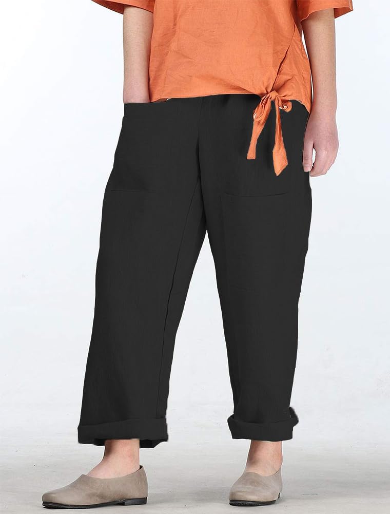 Minibee Women's Wide Leg Harem Pants Cotton Linen Striped Casual Palazzo Pants with Pockets - Image 3