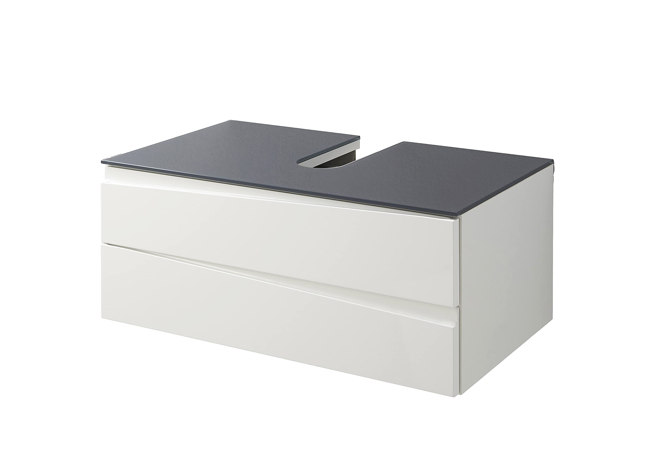 byLIVING Waschtisch/Waschunterschrank für Aufsatzwaschbecken – Weiß Hochglanzfront, Glasauflage grau, 2 Schubladen, Korpus Melaminweiß, 80 x 33 x 46 cm
