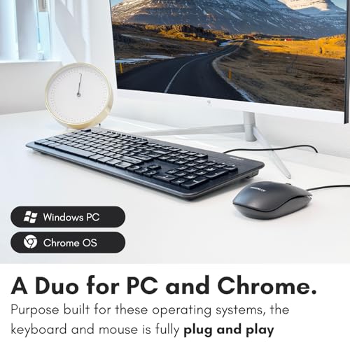 Wired Keyboard and Mouse Combo, Macally Slim Full Sized Ergonomic USB Keyboard and Mouse Wired - Quiet Wired Mouse and Keyboard - Wire Corded Keyboard for Laptop and Desktop PC Computer