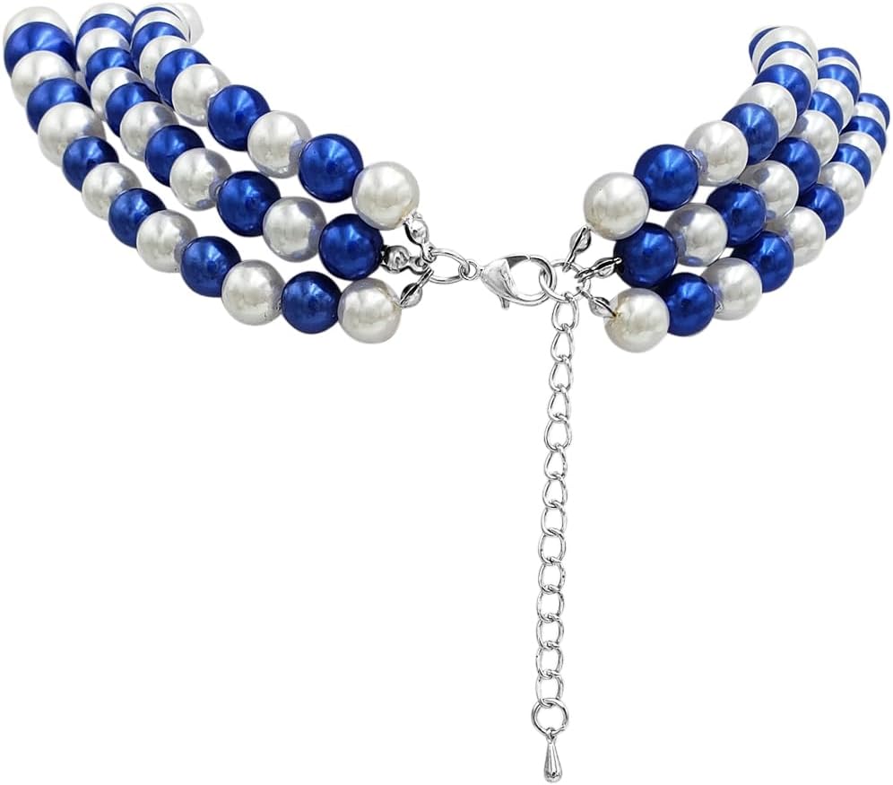 Rosemarie & Jubalee Women's 3 Colorful Multi Strands Simulated Pearl Necklace And Earrings Jewelry Gift Set, 18"+3" Extender (Blue White Mix Silver Tone)