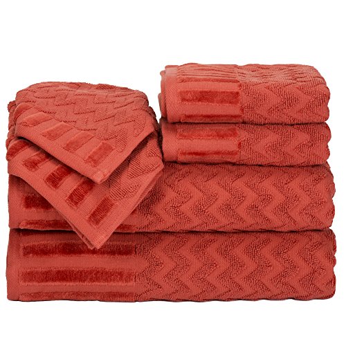 Lavish Home 6-Piece Cotton Deluxe Plush Bath Towel Set – Chevron Patterned Plush Sculpted Spa Luxury Decorative Body, Hand and Face Towels (Brick)
